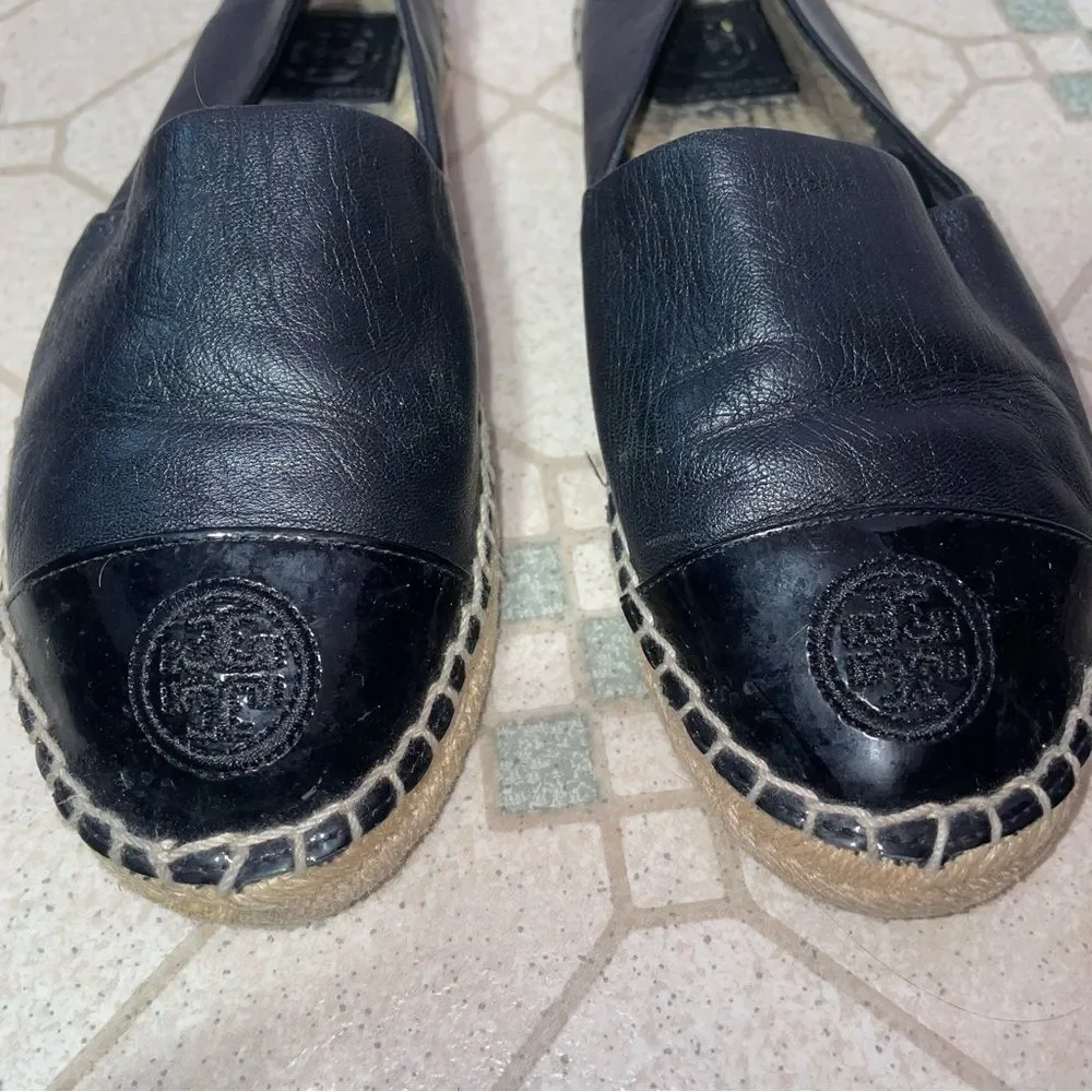 Tory Burch Black Leather Logo Cap Toe Espadrille Flats Women Size 6.5 ColorBlock